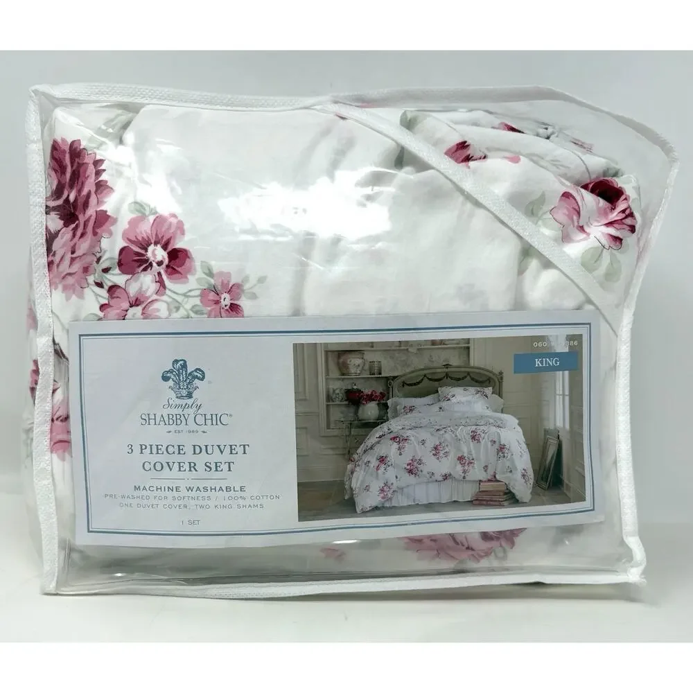 Simply Shabby Chic King Sunbleached 100% Cotton White Pink Floral Duvet Set 2014